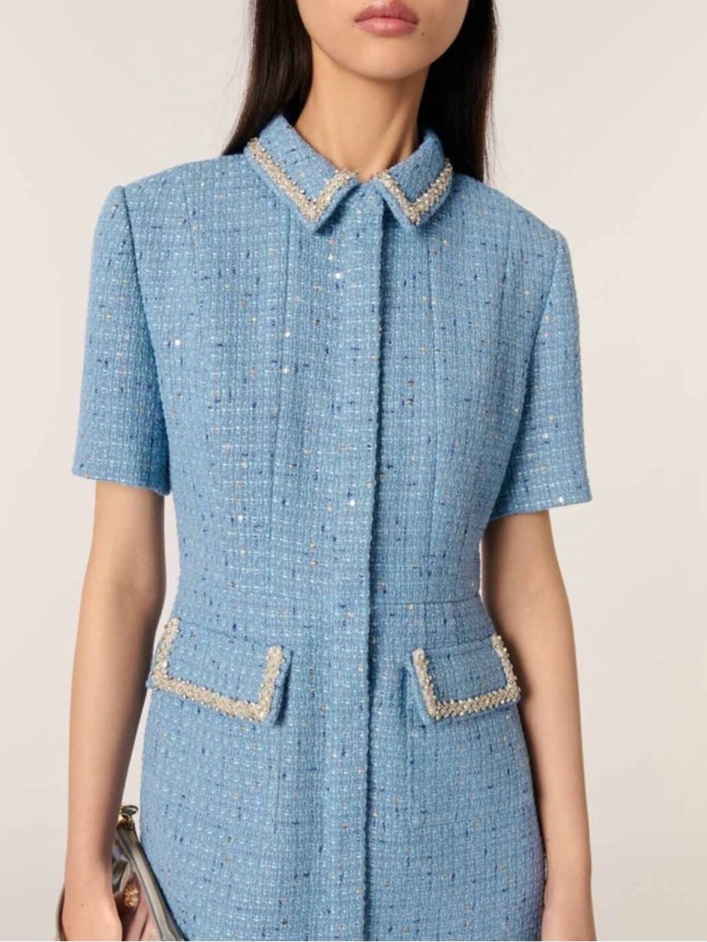 MAJE Blue Tweed Pearl-Trim Short Sleeve Coat